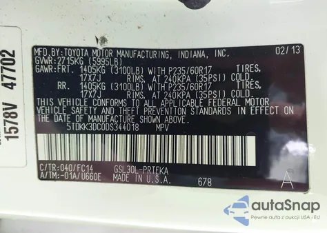 2013 Toyota Sienna Le V6 8 Passenger z USA, uszkodzony, nr VIN 5TDKK3DC0DS344018